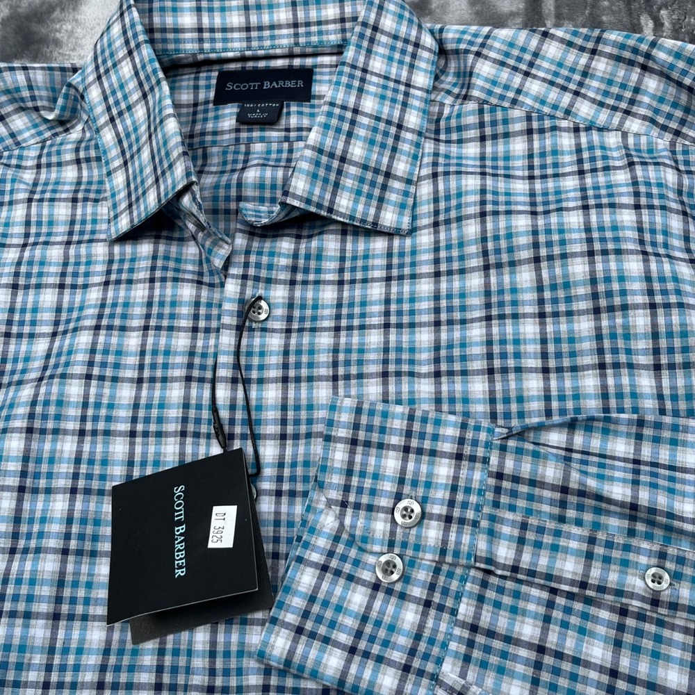 Scott Barber Mens Large Blue Teal Plaid Cotton Long Sleeve Button Down Shirt NWT